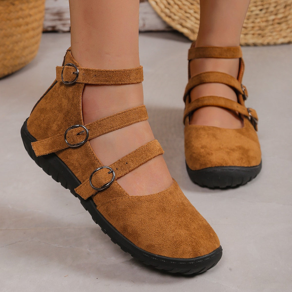 Triple Strap Suede Mary Jane Flats - Camel