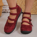 Triple Strap Suede Mary Jane Flats - Wine Red