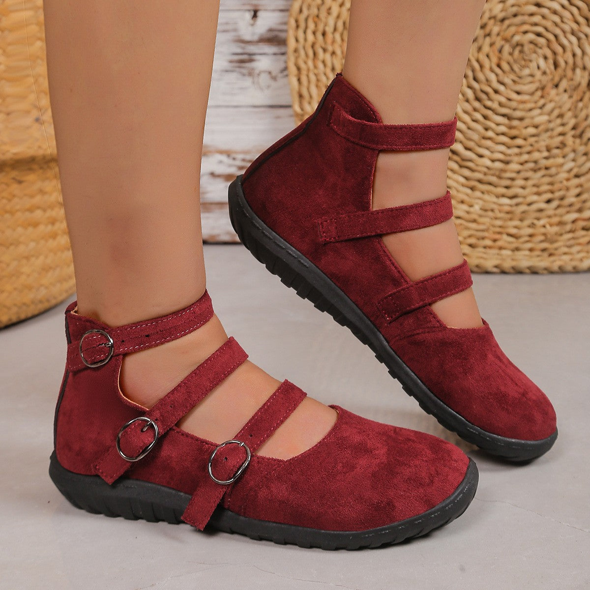 Triple Strap Suede Mary Jane Flats