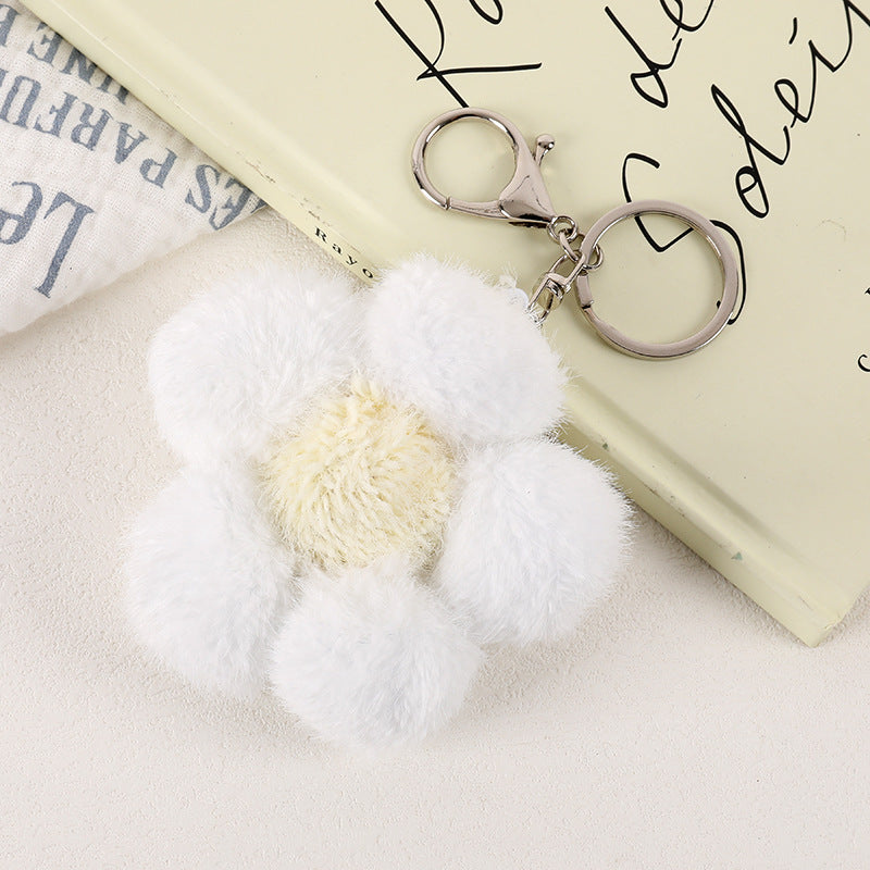 Fluffy Pom Pom Flower Keychain Charm - White