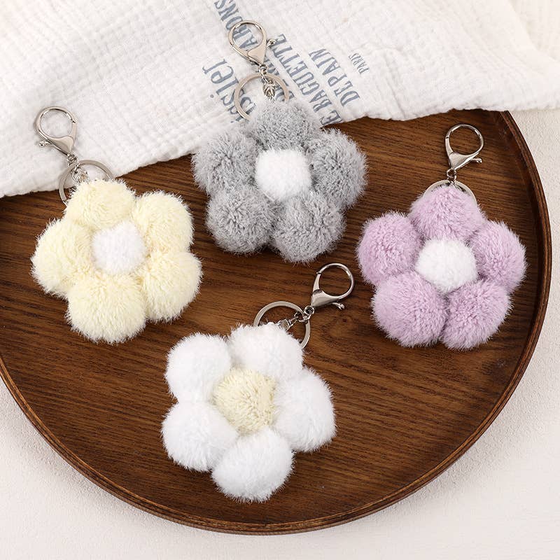 Fluffy Pom Pom Flower Keychain Charm