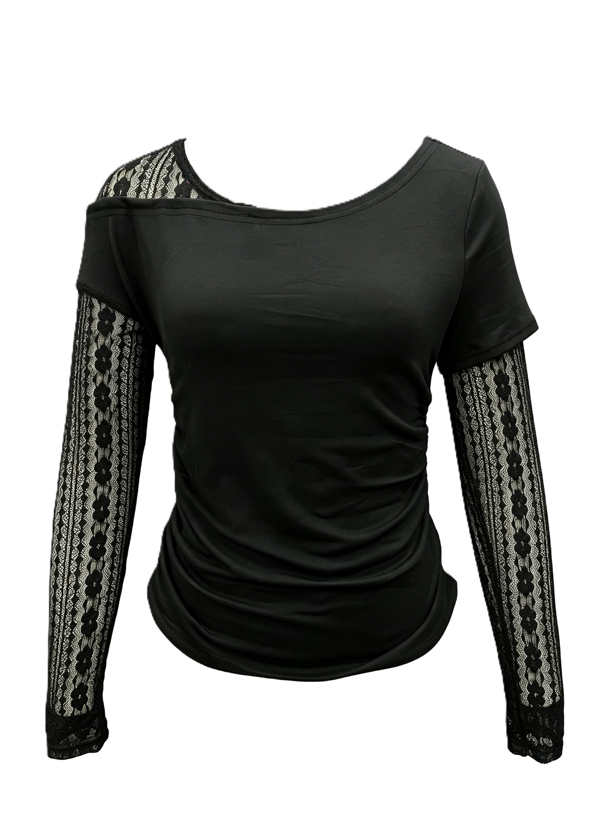 Lace Sleeve Off Shoulder Ruched Tee - Black - 1