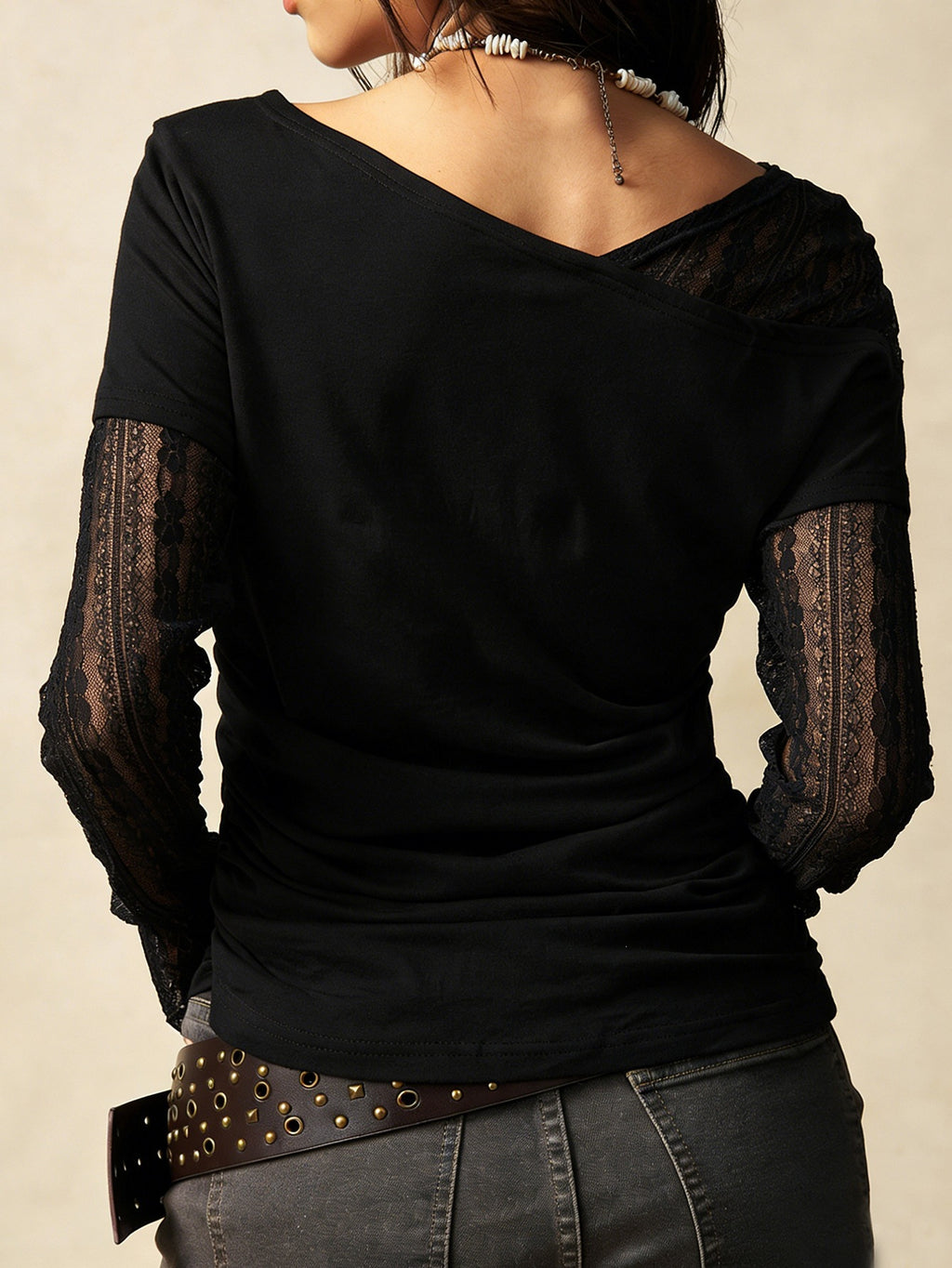 Lace Sleeve Off Shoulder Ruched Tee - Black - 3