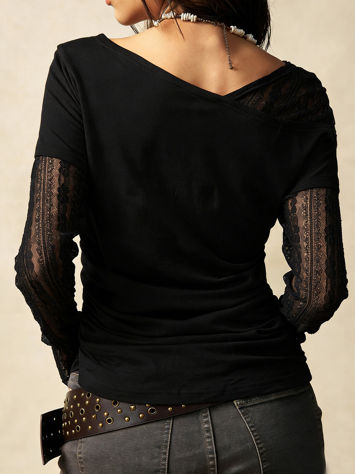 Lace Sleeve Off Shoulder Ruched Tee - Black - 3