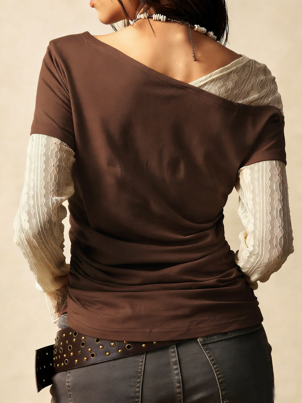 Lace Sleeve Off Shoulder Ruched Tee - Coffee - 1