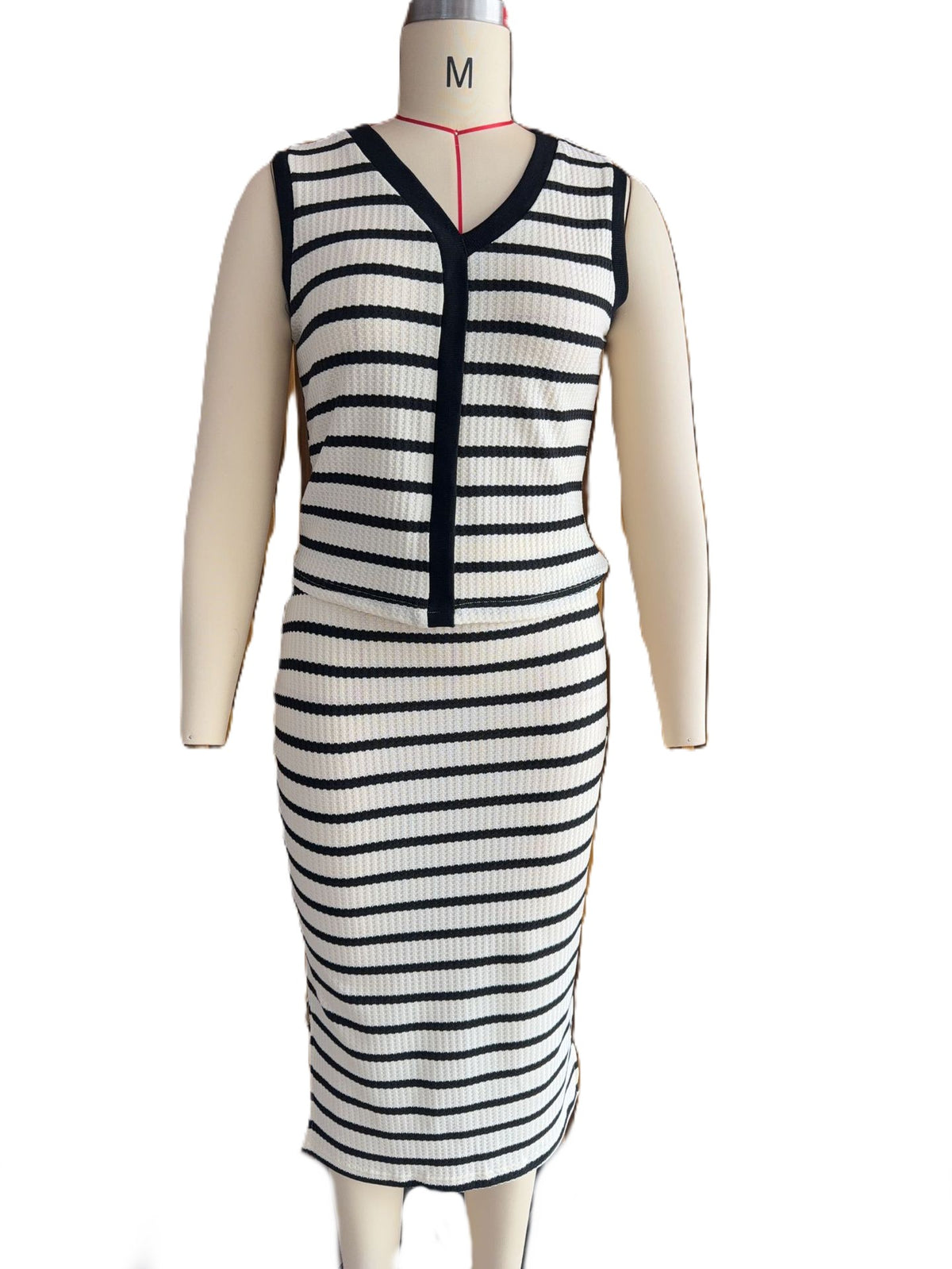 Striped Ribbed Top And Midi Skirt Set - White