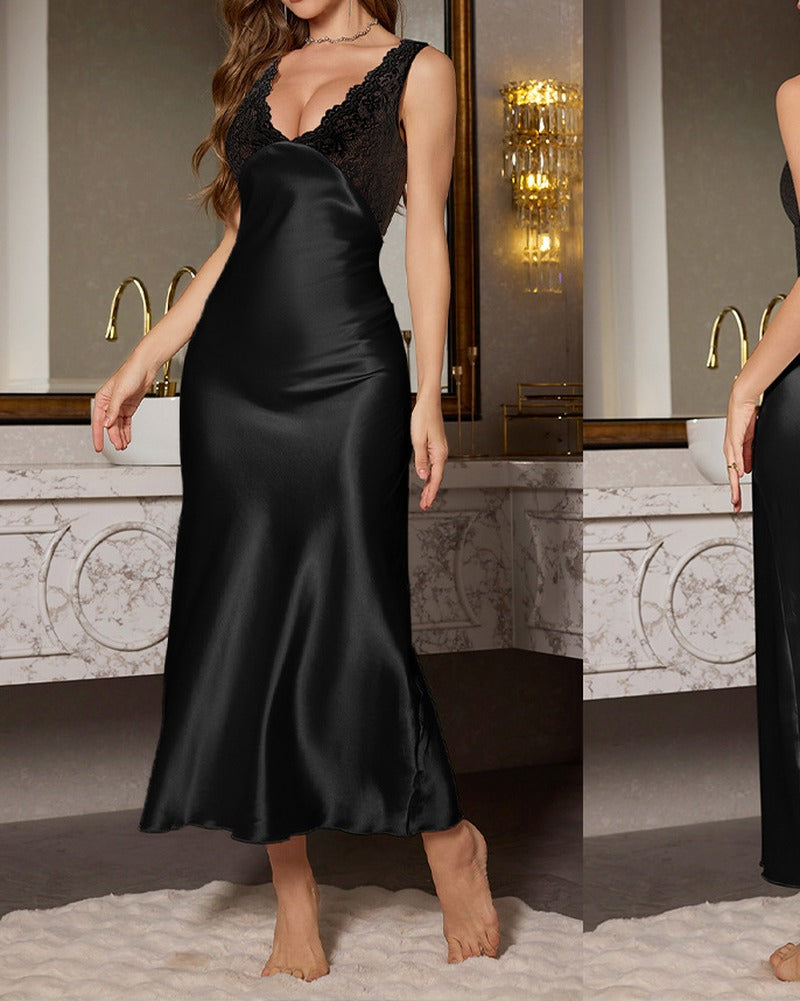 Satin Lace Trim V Neck Maxi Slip Dress - Black