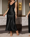 Satin Lace Trim V Neck Maxi Slip Dress - Black