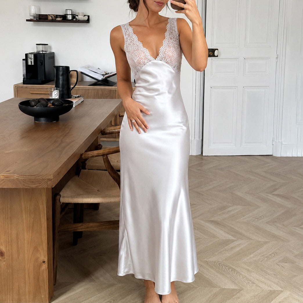 Satin Lace Trim V Neck Maxi Slip Dress