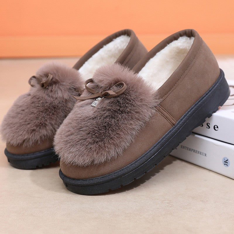 Faux Fur Bow Fleece Lined Slip On Slippers