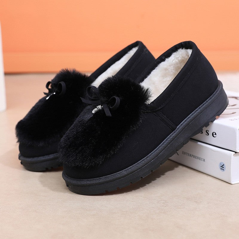 Faux Fur Bow Fleece Lined Slip On Slippers