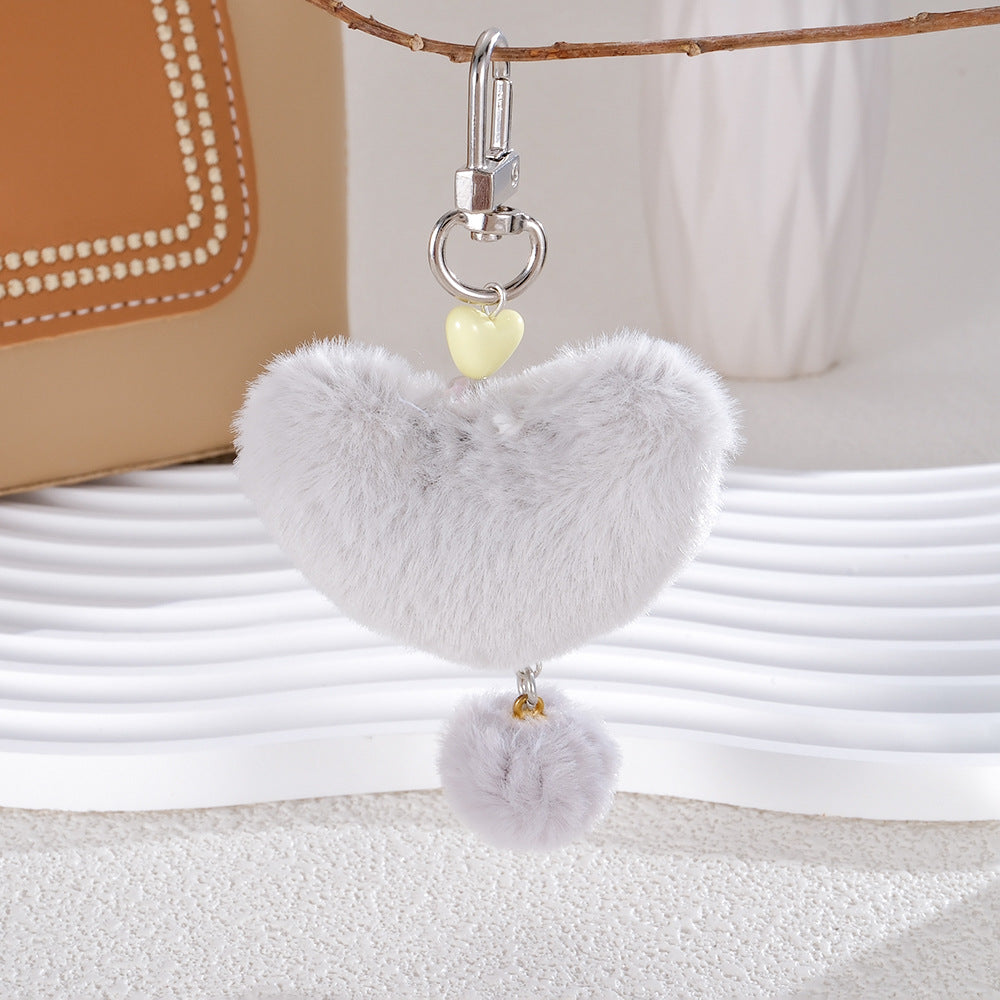 Fluffy Heart Pom Keychain Bag Charm - Grey