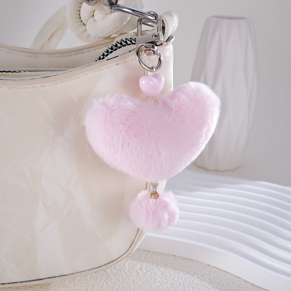 Fluffy Heart Pom Keychain Bag Charm - Pink