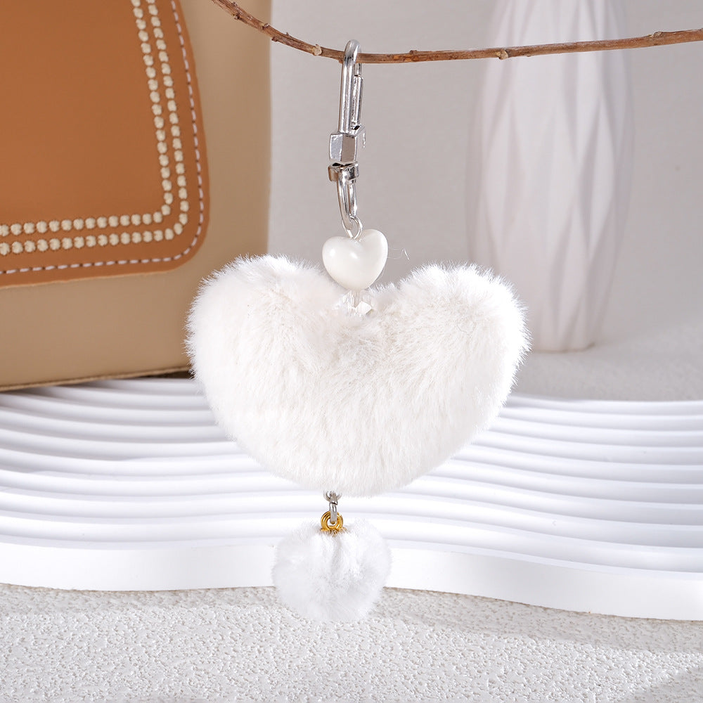 Fluffy Heart Pom Keychain Bag Charm - White