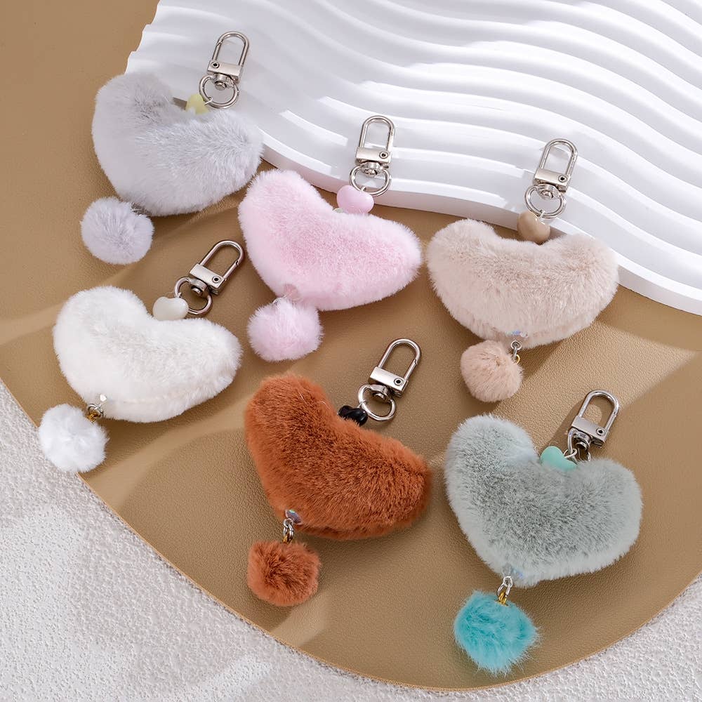 Fluffy Heart Pom Keychain Bag Charm