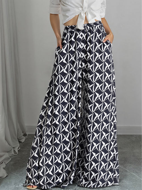 Abstract Geometric Wide Leg Pull On Pants - Black