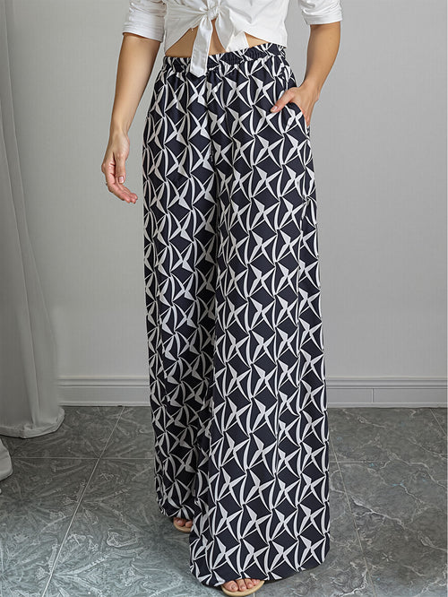 Abstract Geometric Wide Leg Pull On Pants - Black - 1