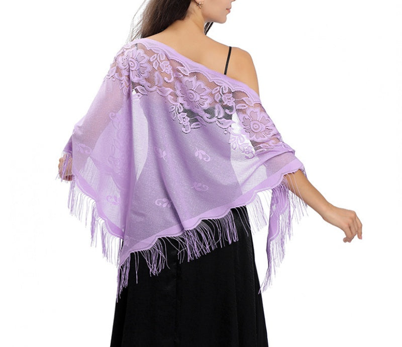 Floral Lace Fringed Triangle Evening Cape - Purple