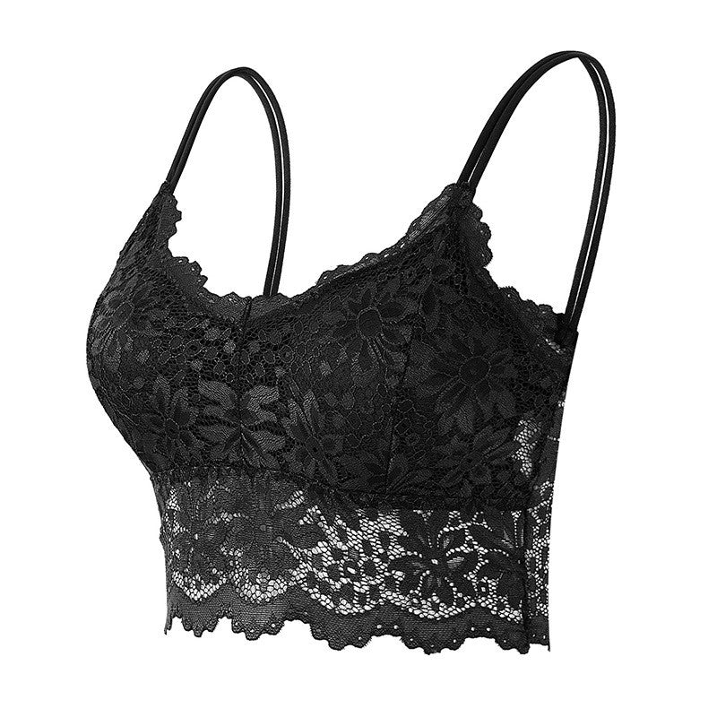 Scalloped Floral Lace Longline Wireless Bralette - Black