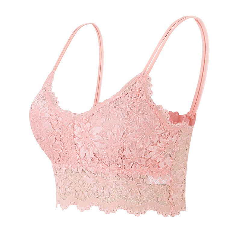 Scalloped Floral Lace Longline Wireless Bralette - Pink