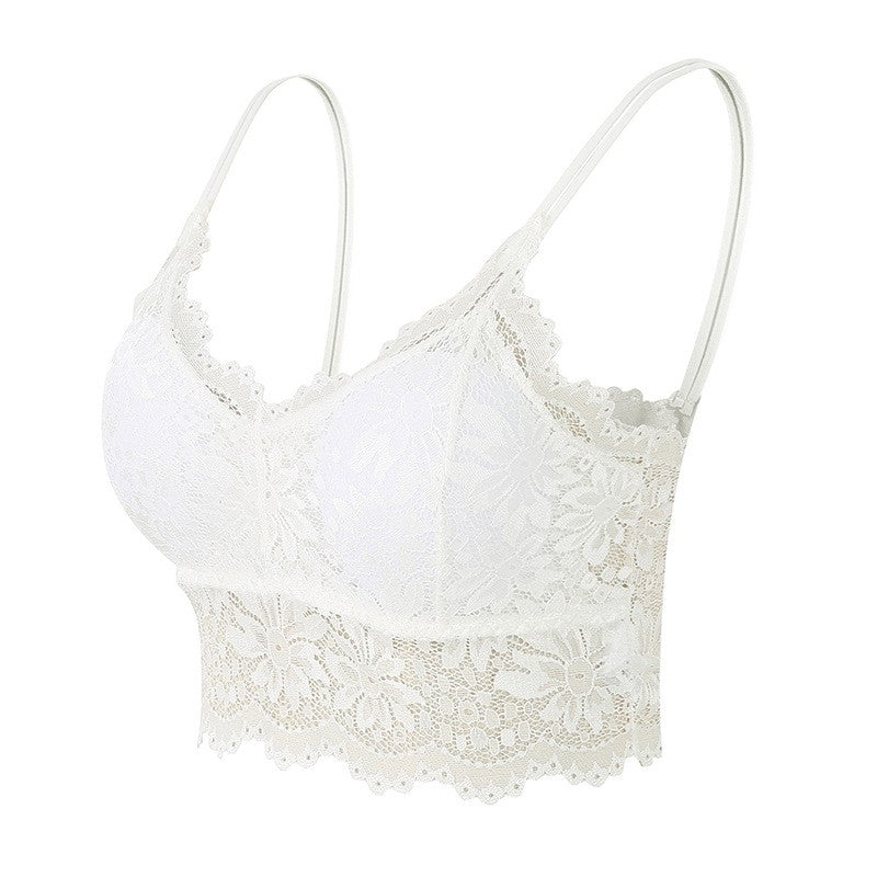 Scalloped Floral Lace Longline Wireless Bralette - White