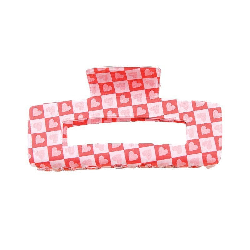 Valentine Heart Rectangle Claw Clip - checkered
