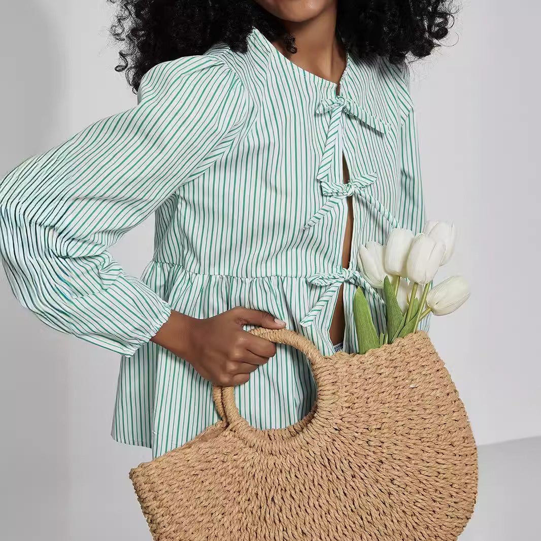 Striped Bow Front Peplum Blouse - Mint