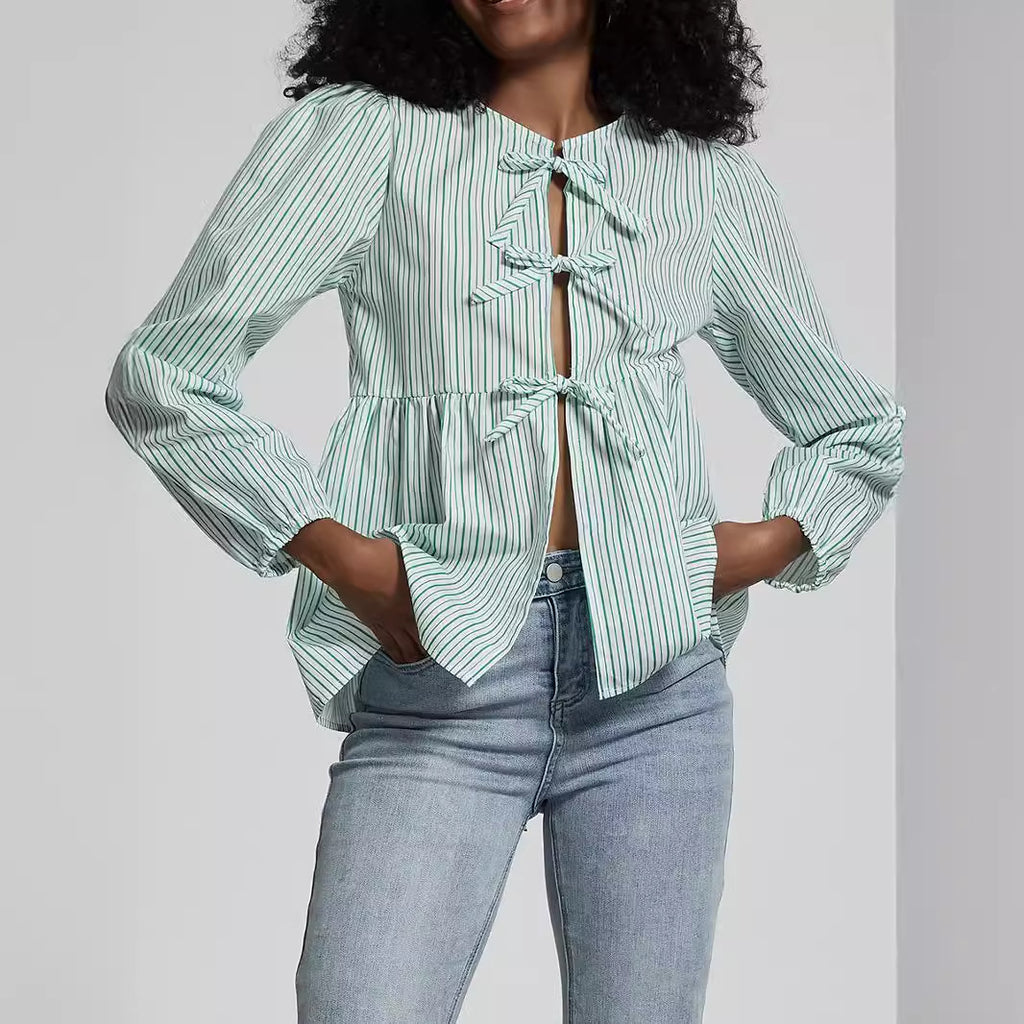 Striped Bow Front Peplum Blouse - Mint - 1