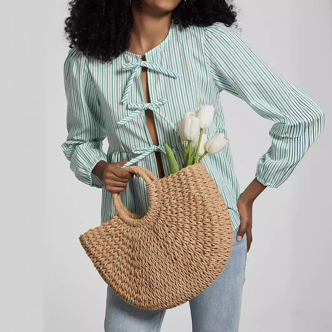Striped Bow Front Peplum Blouse - Mint - 2