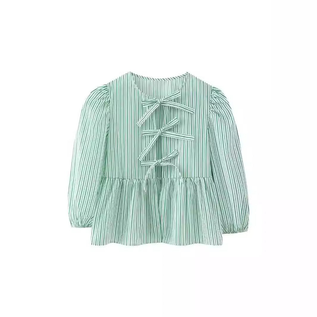 Striped Bow Front Peplum Blouse - Mint - 3