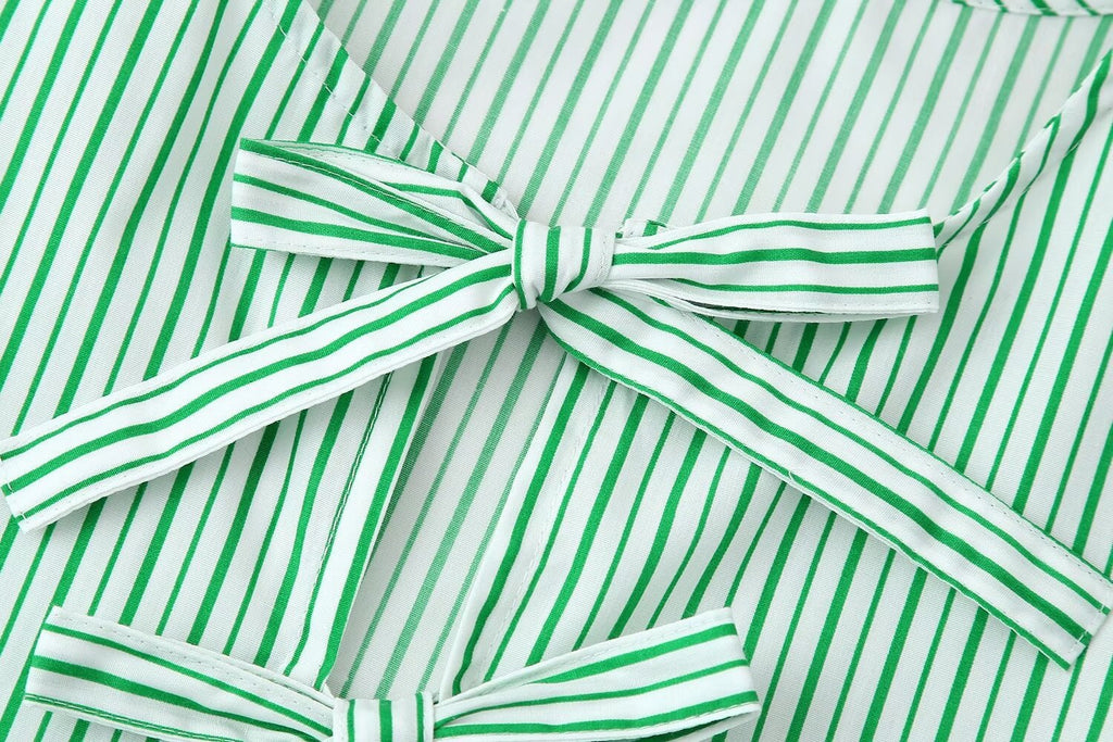 Striped Bow Front Peplum Blouse - Mint - 4