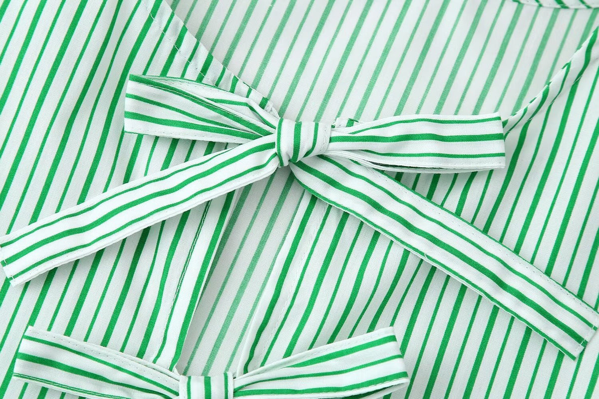Striped Bow Front Peplum Blouse - Mint - 4