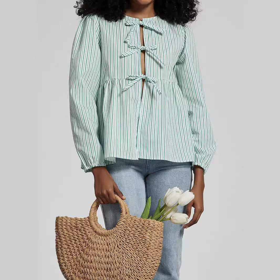 Striped Bow Front Peplum Blouse - Mint - 5