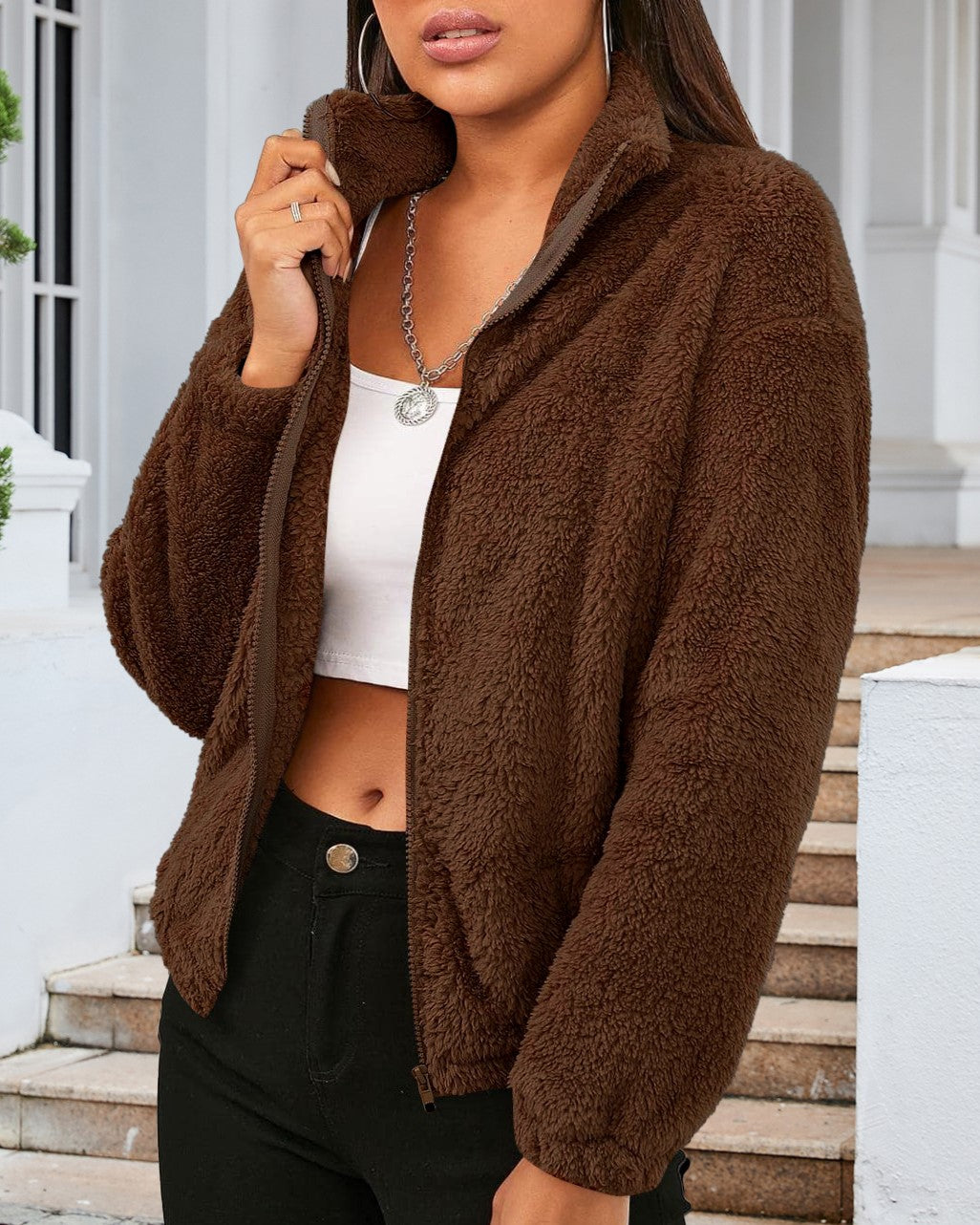 Zip Up Teddy Fleece Stand Collar Coat - brown