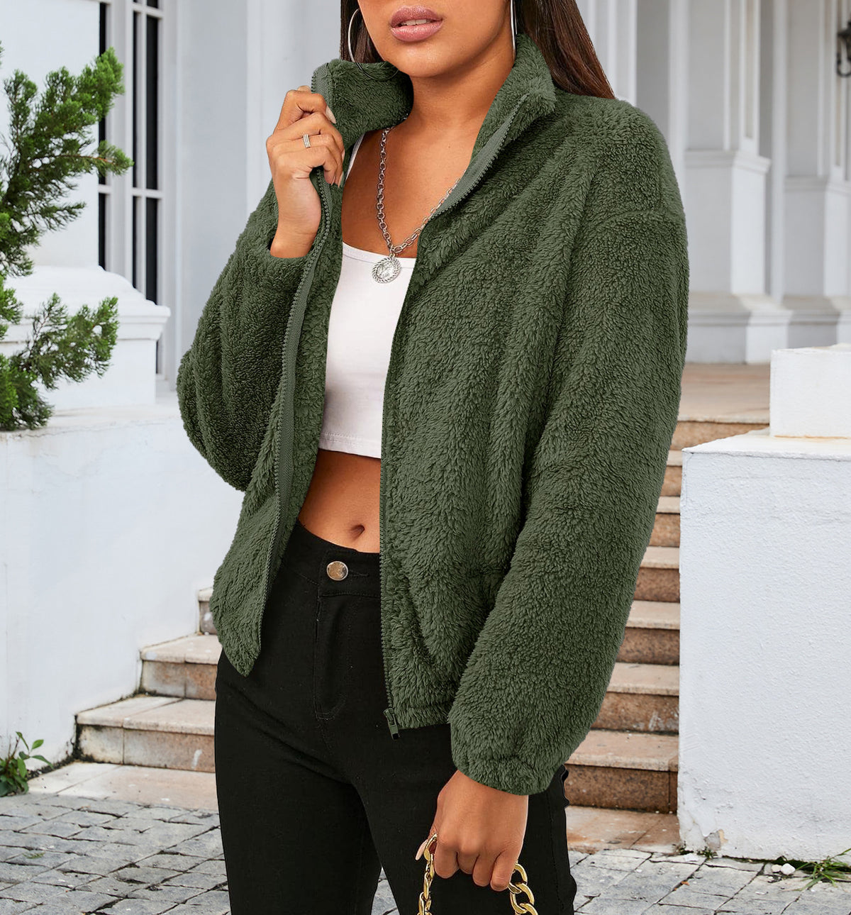 Zip Up Teddy Fleece Stand Collar Coat - green