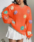 3D Crochet Flower Oversized Knit Sweater - Orange