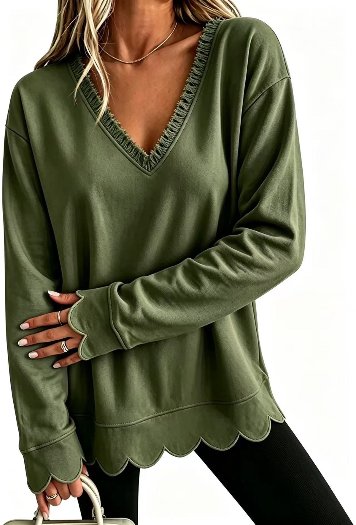 Scalloped Hem Ruffle Trim V-Neck Relaxed Sweatshirt - Olive