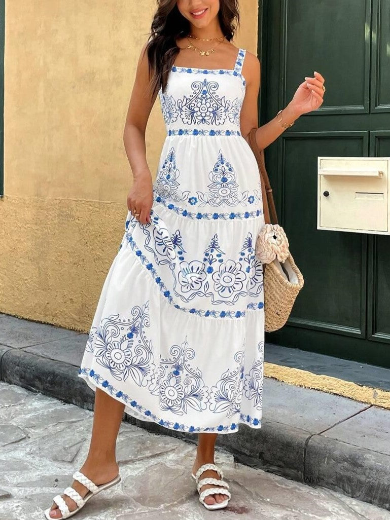 Tile Print Tiered Cutout Maxi Dress - Blue