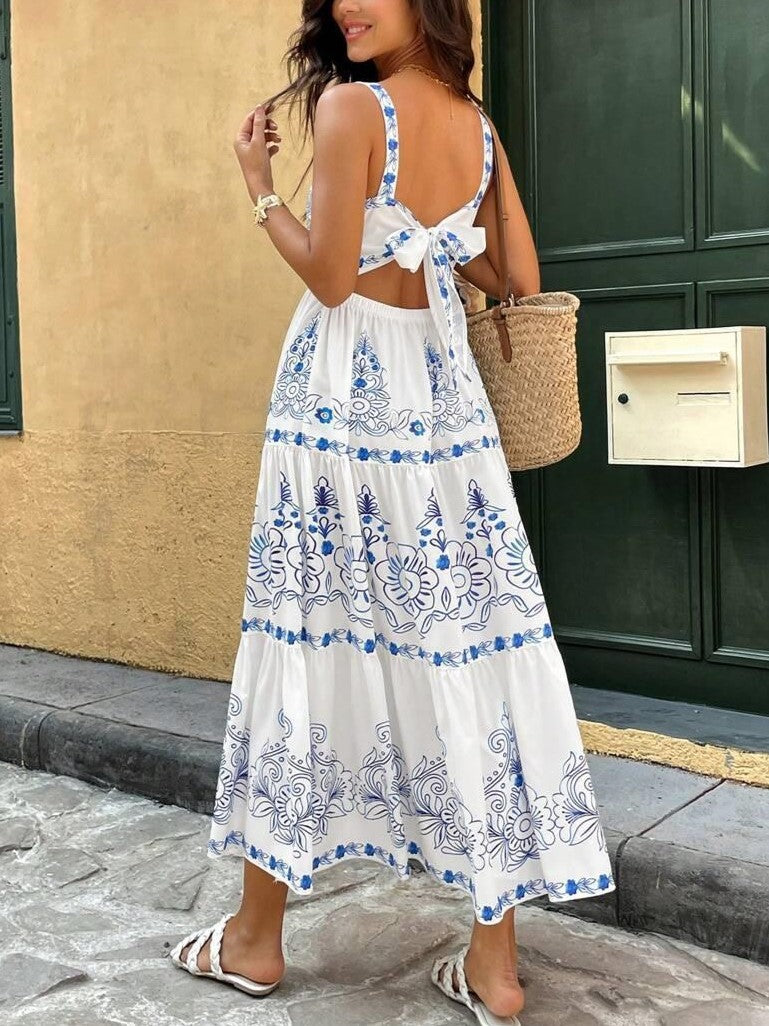 Tile Print Tiered Cutout Maxi Dress - Blue - 3
