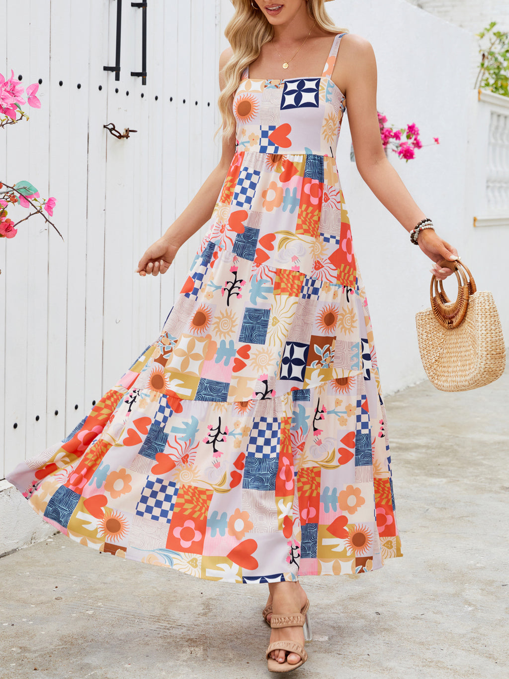 Mixed Floral Patchwork Tiered Sundress - Decor