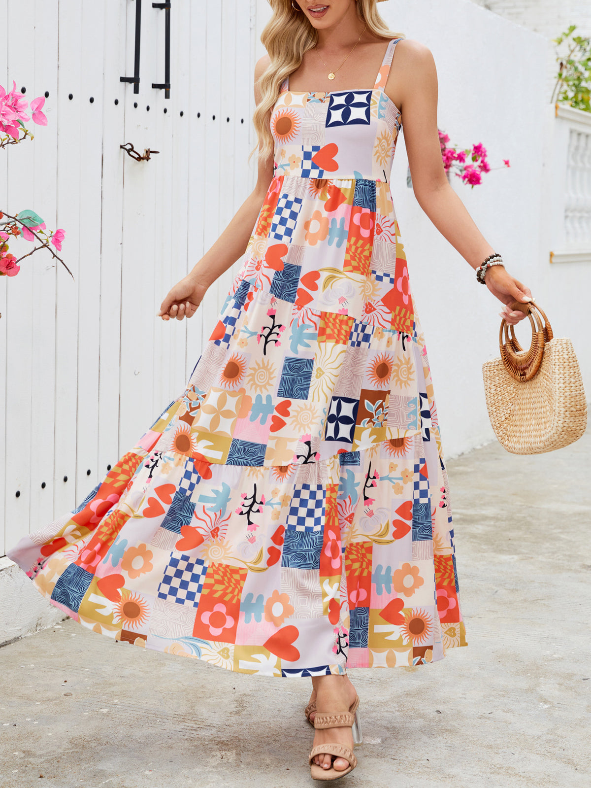 Mixed Floral Patchwork Tiered Sundress - Decor