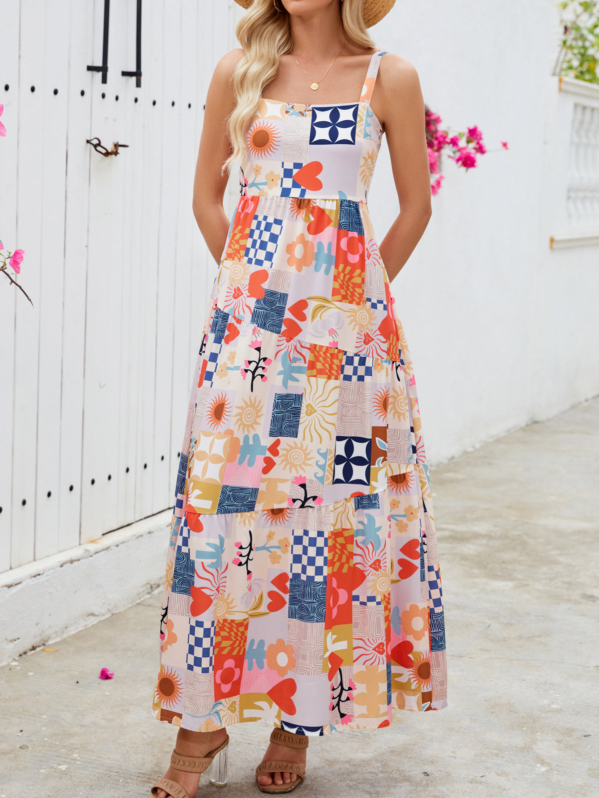 Mixed Floral Patchwork Tiered Sundress - Decor - 2