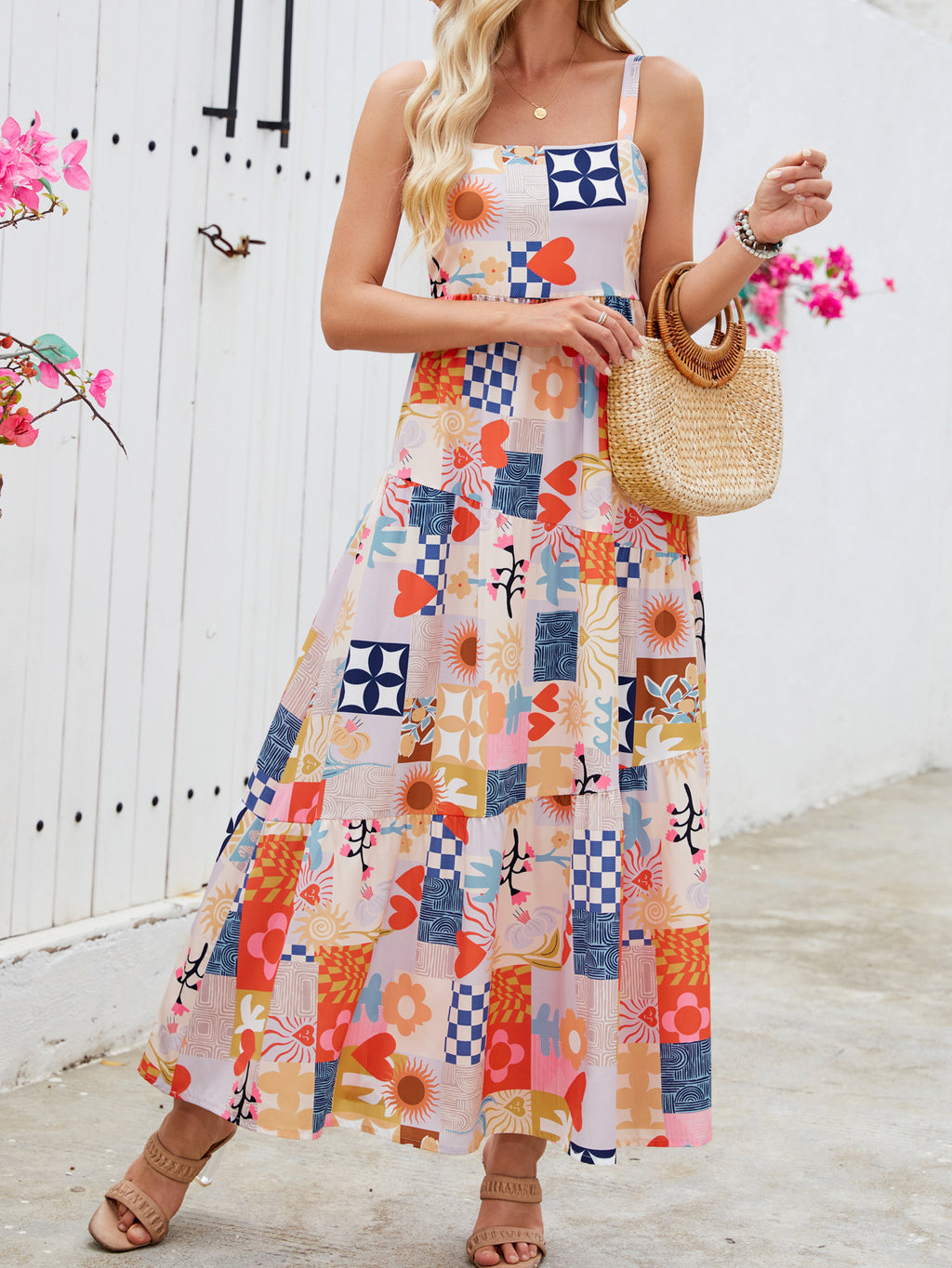 Mixed Floral Patchwork Tiered Sundress - Decor - 3