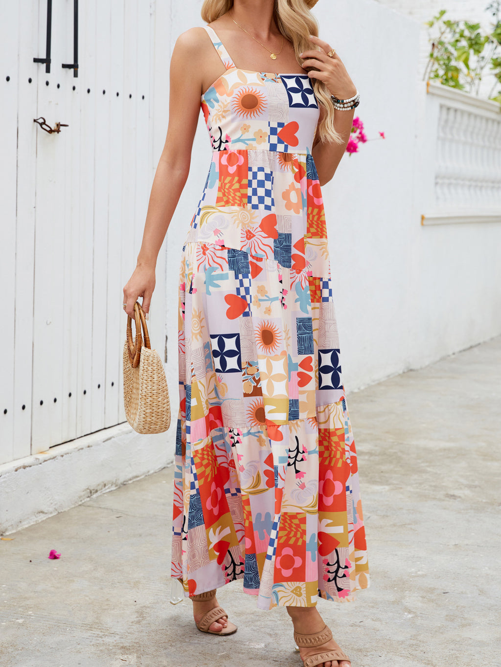 Mixed Floral Patchwork Tiered Sundress - Decor - 4