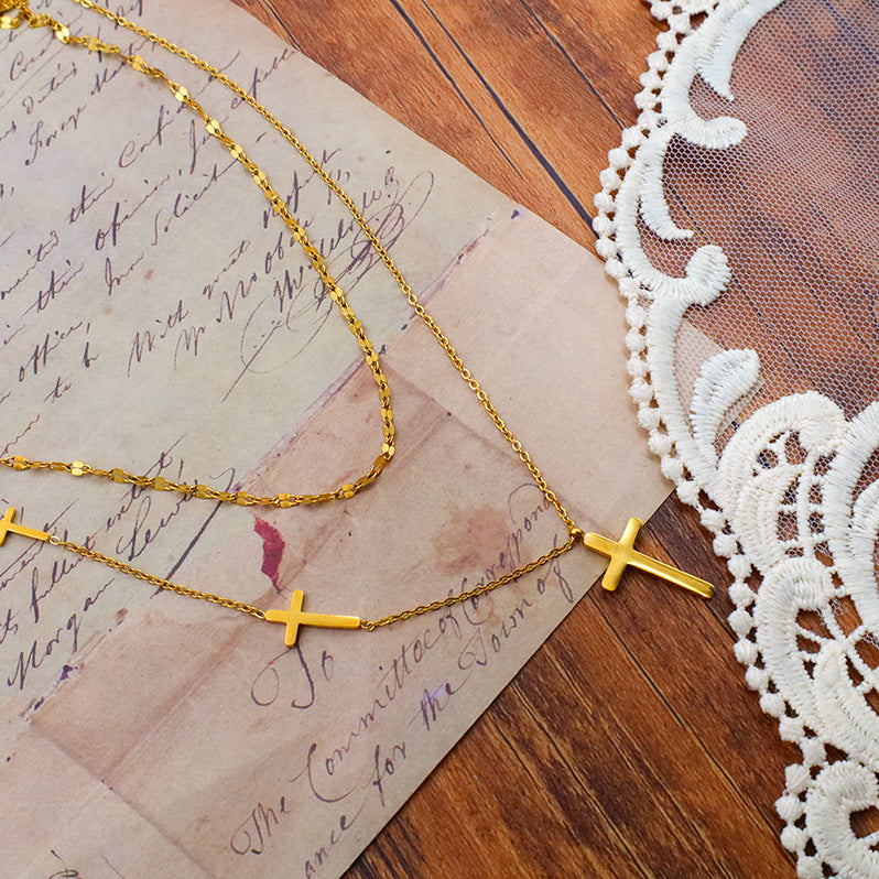 Two Row Layered Cross Charm Necklace - Gold