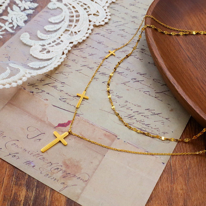 Two Row Layered Cross Charm Necklace - Gold - 1