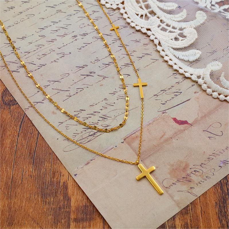 Two Row Layered Cross Charm Necklace - Gold - 2