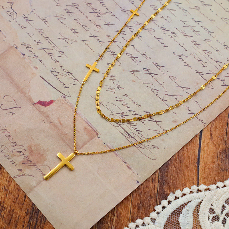 Two Row Layered Cross Charm Necklace - Gold - 3