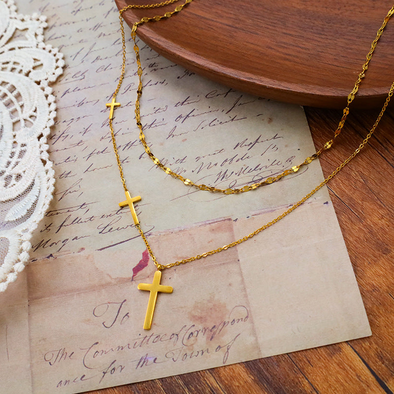 Two Row Layered Cross Charm Necklace - view 1
