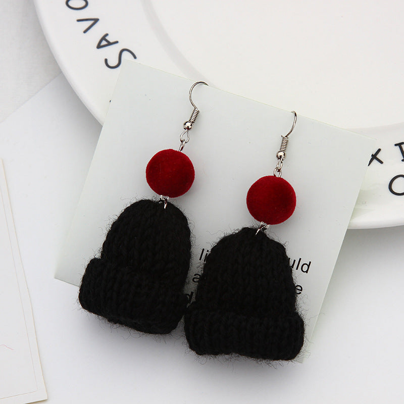 Mini Knit Beanie Drop Earrings - Black
